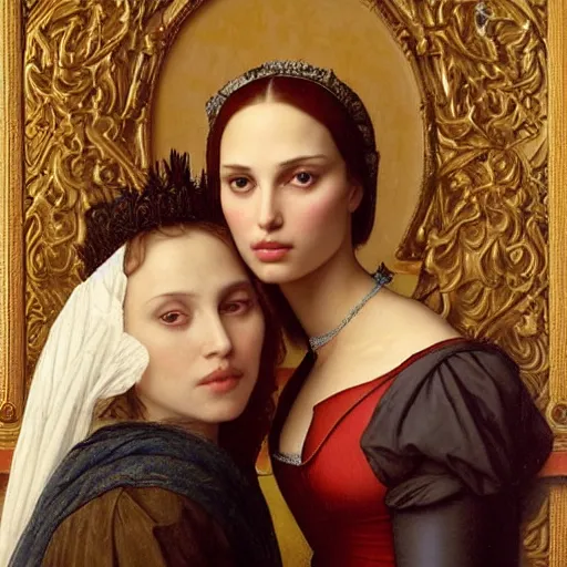 Prompt: museum quality painting of scarlet johansson and natalie portman, by jan van eyck, tom bagshaw, jean delville, william bouguereau, albrecht durer