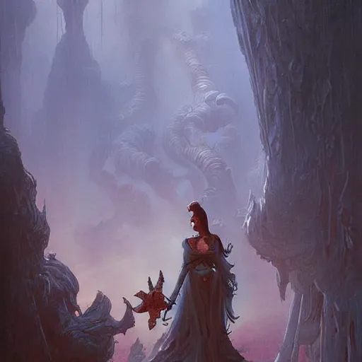 Image similar to fantasy painting with a woman in a surreal environment by Greg Rutkowski and Michael Whelan