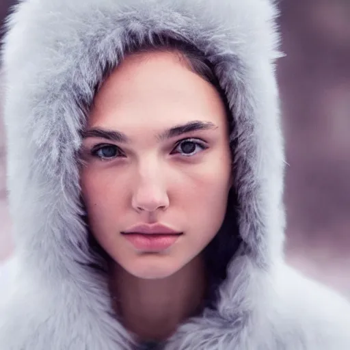 Image similar to a masterpiece portrait photo of a beautiful young woman who looks like an eskimo gal gadot, symmetrical face, random background scene