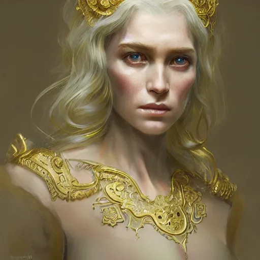 Image similar to female pale aristocrat, gold, character portrait, concept art, intricate details, highly detailed by greg rutkowski, michael whelan and gustave dore, face enhance, ultra detailed