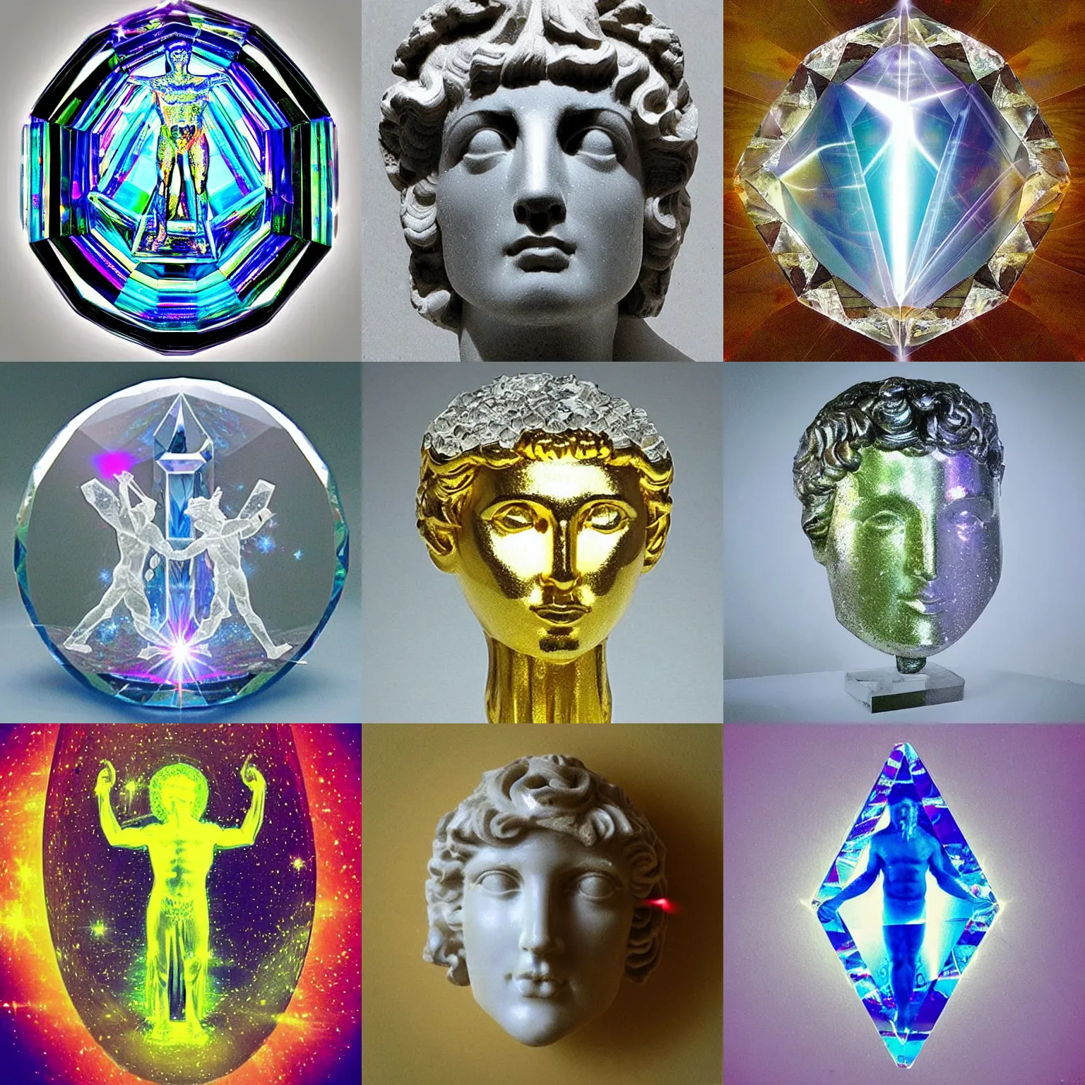 Prompt: “Crystal prism in the shape of Greek God Apollo, refraction, beam shining through”