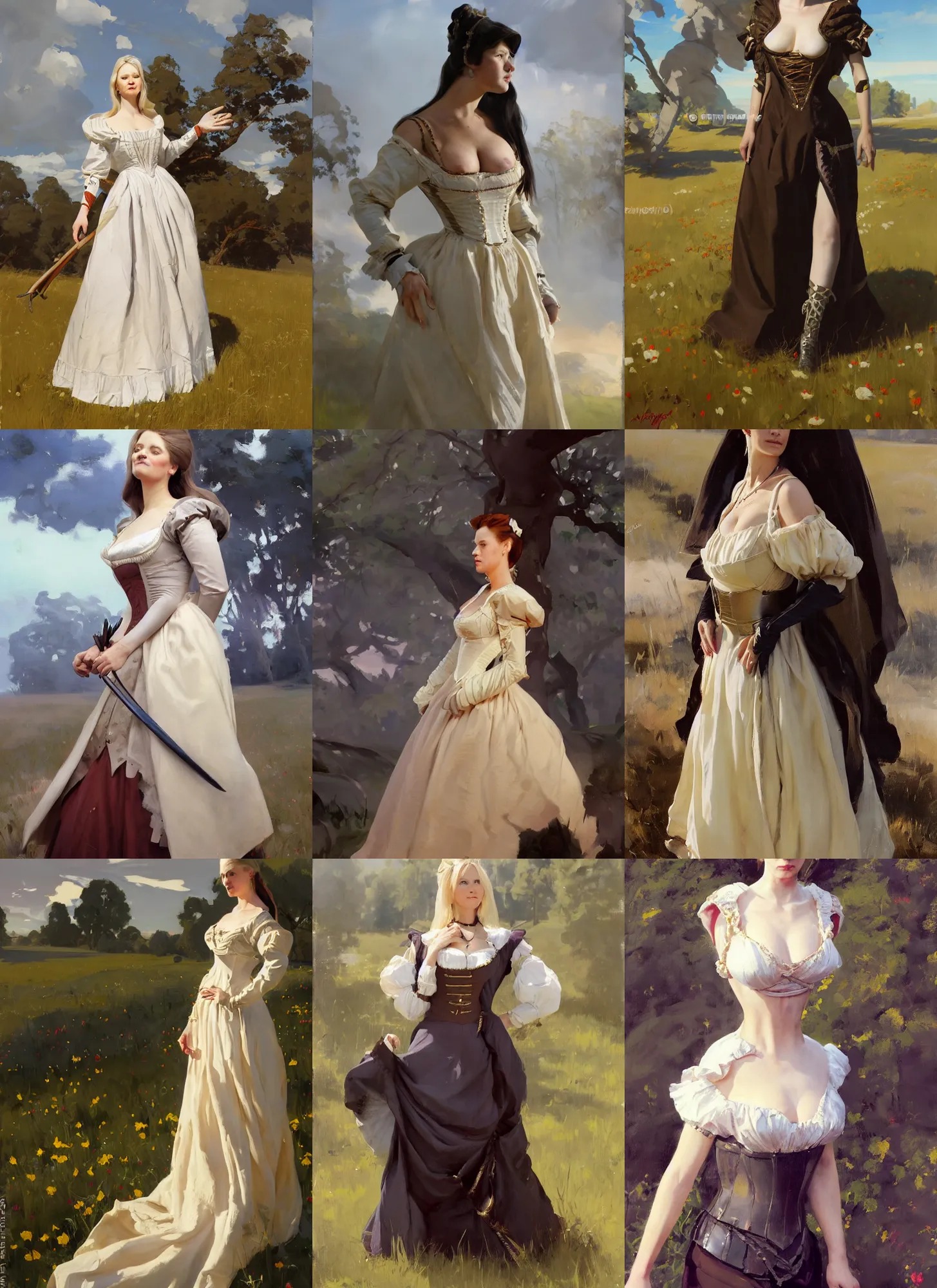 Prompt: finnish norwegian swedish scandinavian attractive glamour model as a duchess wearing 1 7 th century bodice with low neckline walking in the field in a sunny day, jodhpurs greg manchess painting by sargent and leyendecker, studio ghibli fantasy medium shot asymmetrical intricate elegant matte painting illustration hearthstone, by greg rutkowski by greg tocchini by james gilleard