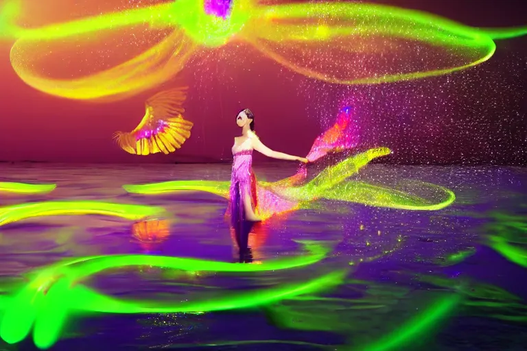 Prompt: ethereal glowing goddess dancing on a pond surrounded by colorful glowing flying fish at night cinematic