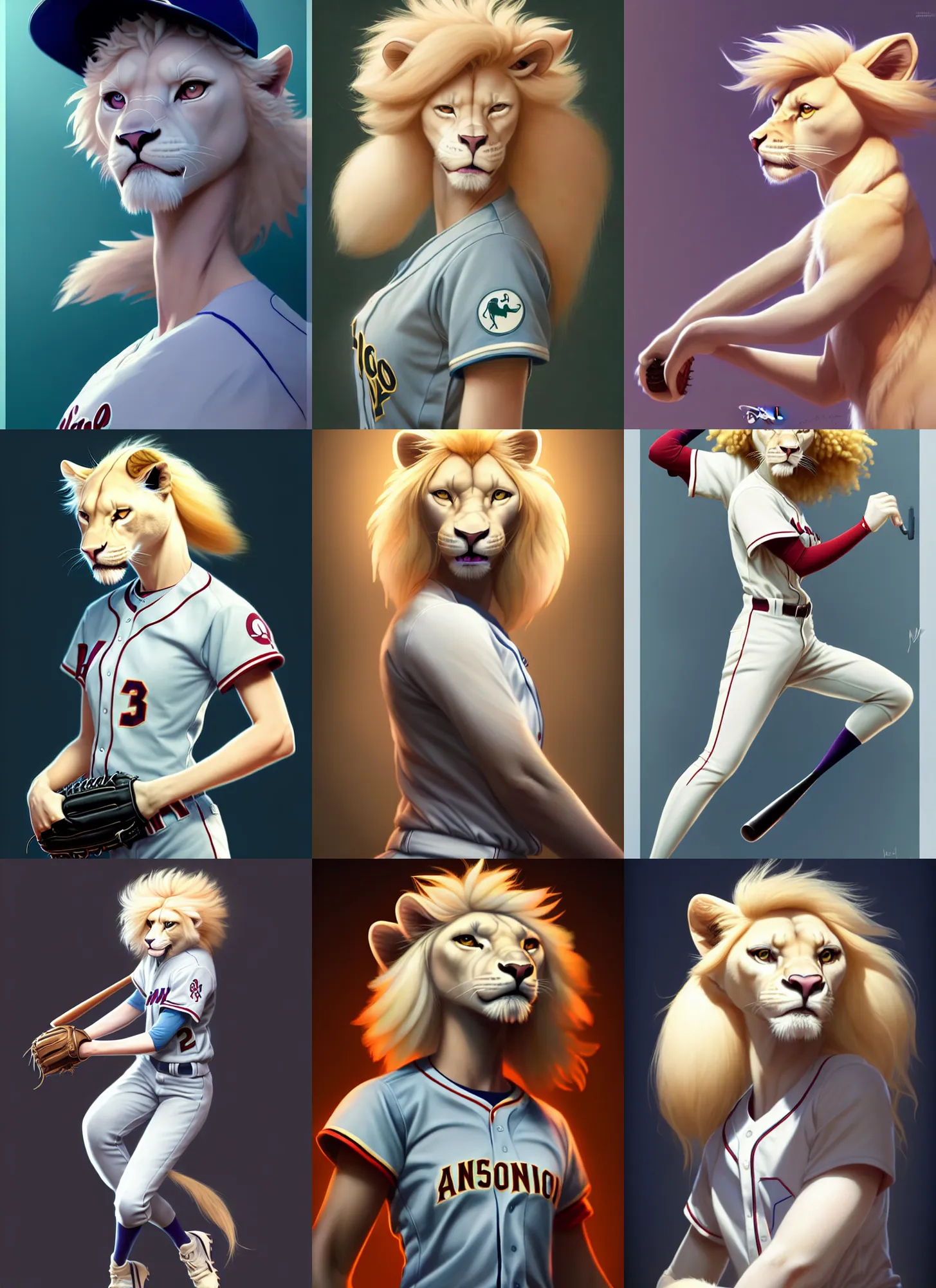 Prompt: beautiful portrait of a female anthropomorphic albino lioness fursona baseball player. character design by disney, charlie bowater, ross tran, artgerm, and makoto shinkai, detailed, soft lighting, rendered in octane