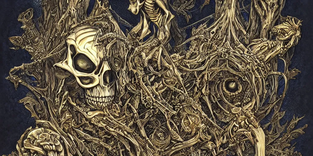 Prompt: a beautiful painting of skeleton fantasy gold world with architecture design by aaron horkey, trending on artstation