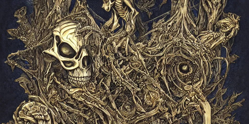 Image similar to a beautiful painting of skeleton fantasy gold world with architecture design by aaron horkey, trending on artstation