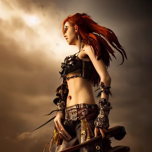 Prompt: full body pose, hyperrealistic photograph of a stunning pirate woman, dim volumetric lighting, 8 k, octane beautifully detailed render, extremely hyper detailed, intricate, epic composition, cinematic lighting, masterpiece, trending on artstation, very very detailed, stunning, hdr, smooth, sharp focus, high resolution, award, winning photo, dslr, 5 0 mm