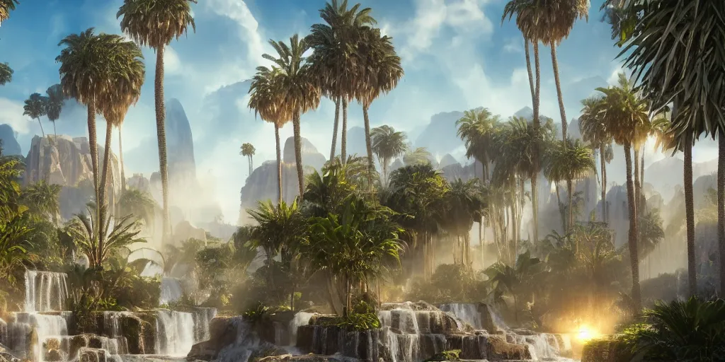 Image similar to beautiful oasis waterfalls surrounded by palm trees, moroccan tile archways, date trees, ivory towers, sun setting, ross tran, nephilim, pyroclastic flow, ethereal, fantasy, james jean, oozium, peter morbacher angelarium alchemy luxury heavenly light soft illumination, trending on artstation, cinematic lighting, digital painting, octane render, artgerm