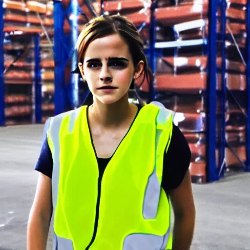 Image similar to photo, close up, emma watson in a hi vis vest, in warehouse, android cameraphone, film noise, 2 6 mm,