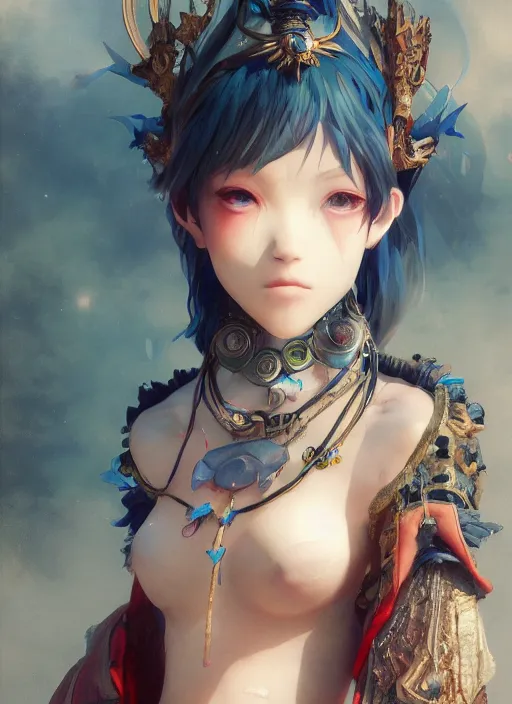 Prompt: matte painting, by yoshitaka amano, by ruan jia, by conrad roset, by good smile company, detailed anime 3d render of a female jester goddess, portrait, cgsociety, artstation, quirky modular costume and grand headpiece in the style of fischer price, surreal mystical atmosphere