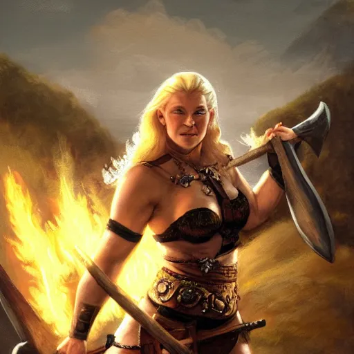 Prompt: a detailed picture of a beautiful and tough looking blonde viking woman, carrying a large axe above her head, elegant, smiling playfully, burning village in the background, night time raid, 8 k, artstation, fine detail, art by frank frazetta