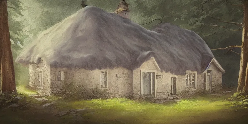 Image similar to a painting of a close up of a single cottage with a thached roof in the woods and empty woods, 8k, fantasy, hyper realistic, atmospheric lighting, cinematic