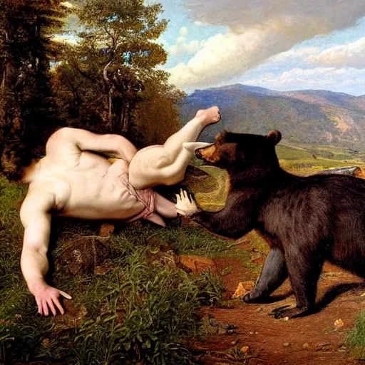 Image similar to stephen hawking fighting a bear by edward poynter