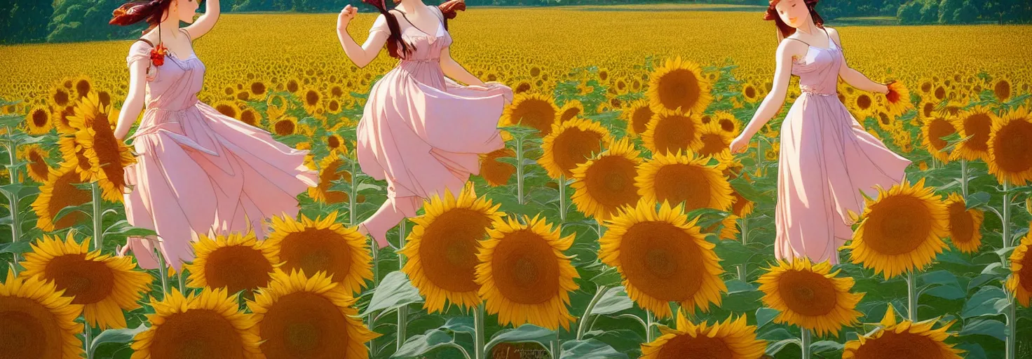 Image similar to beautiful young girl dancing in a fiery dress in a beautiful field of sunflowers and lilies, like leonardo da vinci sketches! in the style of studio ghibli, j. c. leyendecker, greg rutkowski, artgerm