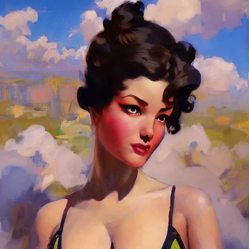 Image similar to greg manchess portrait painting of beauty 1 9 2 0's pinup as overwatch's characters, medium shot, asymmetrical, profile picture, organic painting, sunny day, matte painting, bold shapes, hard edges, street art, trending on artstation, by huang guangjian and gil elvgren and sachin teng