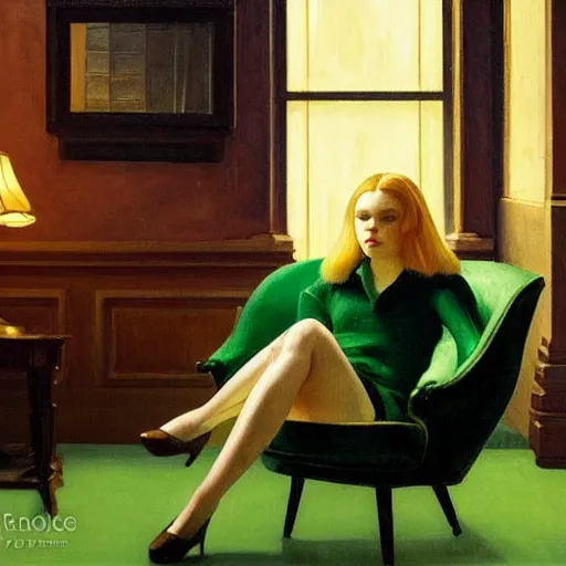 Image similar to Elle Fanning sitting in a green chair at night in the world of Edward Hopper, lamp, extremely detailed masterpiece, oil on canvas, low-key neon lighting, artstation, Blade Runner 2049, Roger Deakin’s cinematography, by J. C. Leyendecker and Peter Paul Rubens,