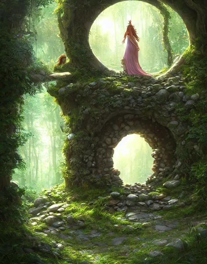 Image similar to Fantasy Magical fairy-tale stone portal in the forest. Round stone portal teleport in trees to other worlds. Fantastic landscape. Magic Altar in the fores, highly detailed, digital painting, artstation, concept art, smooth, sharp focus, illustration, art by artgerm and greg rutkowski and alphonse mucha