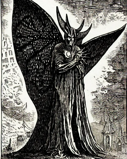 Image similar to illustration of mothman as a demon lord from the dictionarre infernal, etching by louis le breton, 1 8 6 9, 1 2 0 0 dpi scan