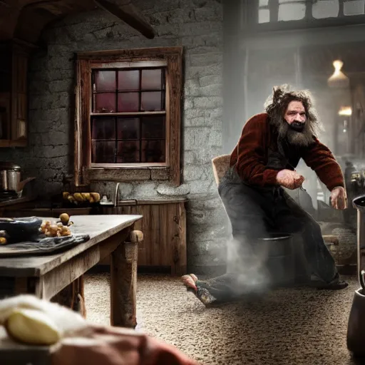 Image similar to british magical hobo breaks into some ork's kitchen and attacks them, 4 k, detailed, real life photo, sharp focus, photorealistic