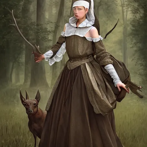 Prompt: A masterpiece portrait of a Incredibly beautiful maid barique renaissance swamp nun girl hunting on deer with russian greyhound medium shot, intricate, elegant, highly detailed. trending on artstation, digital art, by Stanley Artgerm Lau, WLOP, Rossdraws, James Jean, Andrei Riabovitchev, Marc Simonetti, Yoshitaka Amano. background by James Jean and Gustav Klimt, light by Julie Bell, 4k, porcelain skin.