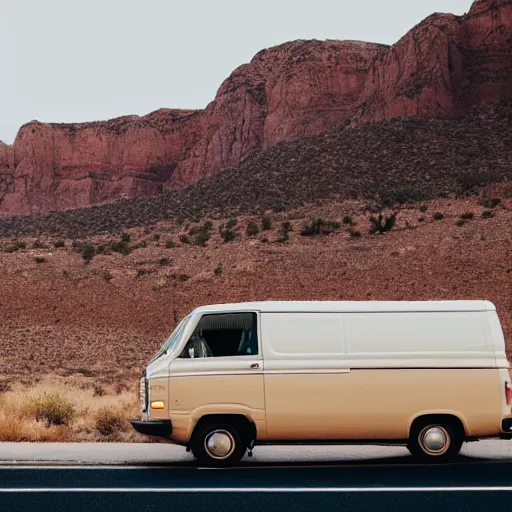 Prompt: a beige old van on a road trip on an american highway with dry dessert land background, high detail photography 2 5 mm nikon