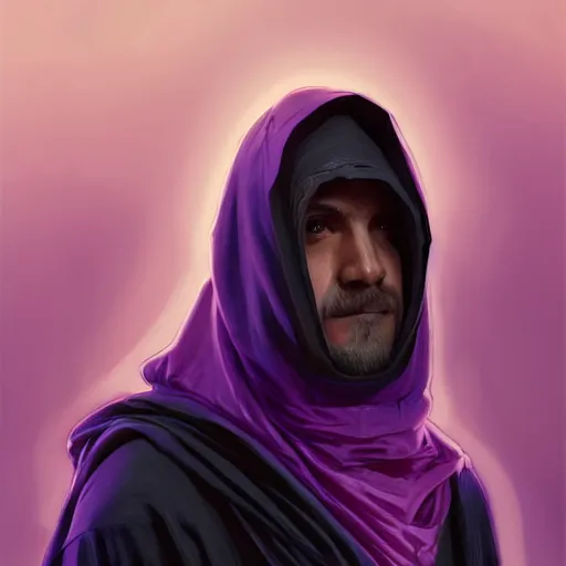 Image similar to ultra realistic illustration, man in a black hood, in a striped purple balaclava, mysterious, highly detailed, digital painting, artstation, concept art, smooth, sharp focus, illustration, art by artgerm and greg rutkowski and alphonse mucha