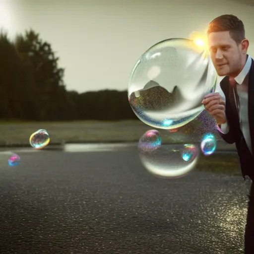 Image similar to hyperrealistic dslr film still of ( michael buble ) disguised soap bubbles, stunning 8 k octane comprehensive 3 d render, inspired by istvan sandorfi & greg rutkowski & unreal engine, perfect symmetry, dim volumetric cinematic lighting, extremely hyper - detailed, incredibly real lifelike attributes & flesh texture, intricate, masterpiece, artstation, stunning