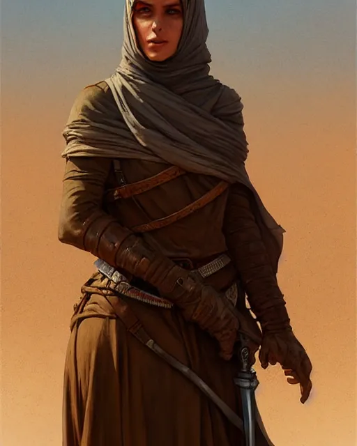 Image similar to female desert stalker, middle ages, lonely rider, covered head, full body | | realistic shaded, fine details, realistic shaded lighting poster by greg rutkowski, diego gisbert llorens, magali villeneuve, artgerm, jeremy lipkin and rob rey