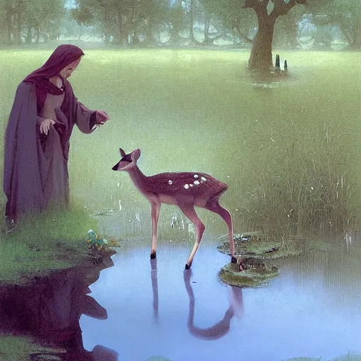 Image similar to a baby deer sniffing an old yard gnome standing by a pond. illustration, art by greg rutkowski and bouguereau and Zdzislaw Beksinski