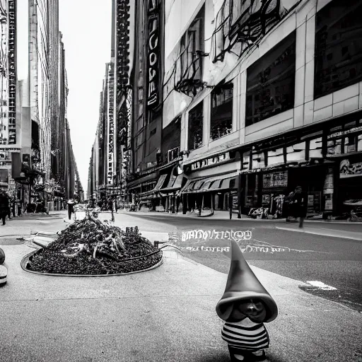 Image similar to black and white street photograph on a street in new york city on a busy day with a shattered ceramic garden gnome. 8k resolution.