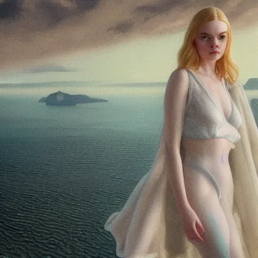 Image similar to Elle Fanning in Santorini in the world of Adam Wyeth, stormy weather, extremely detailed masterpiece, oil on canvas, low-key neon lighting, artstation, Blade Runner 2049, Roger Deakin’s cinematography, by J. C. Leyendecker and Peter Paul Rubens and Edward Hopper and Michael Sowa,