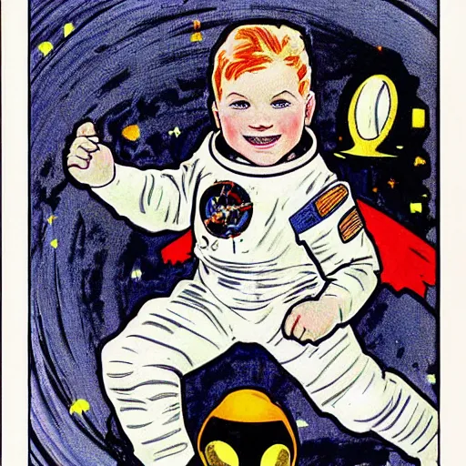 Image similar to a cute little boy with a mischievous face and short ginger hair. he is dressed as an astronaut. well composed, clean elegant painting, beautiful detailed face. comic book art by steve ditko and jack kirby and ( alphonse mucha )