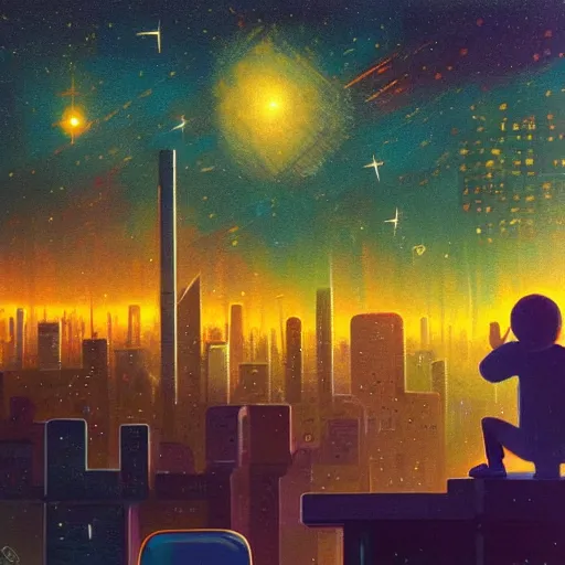 Prompt: a kid in a big city, sits on a rooftop, watches a beautiful night full of stars and tech buildings, dramatic, by paul lehr