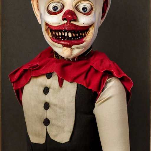 Image similar to high detailed portrait of a bloody ventriloqust dummy, scary, horrifying, creepy