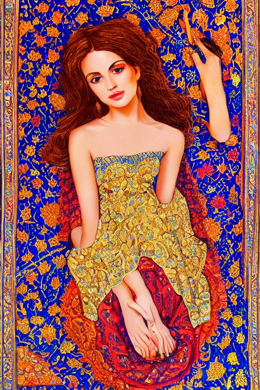 Image similar to gorgeous iranian girl waer detailed golden blue dress lay down on a detailed persian carpet a big tree palm persian pot, oil painting