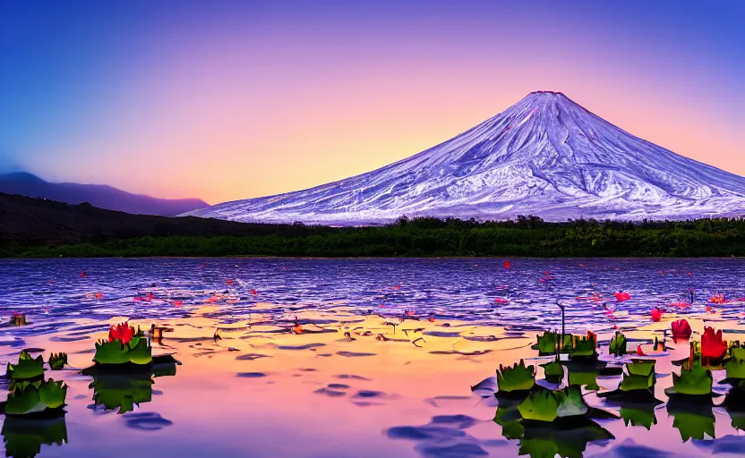 Image similar to professional photo of a snow topped volcano lit by the sunset, lotus flowers on the water, realistic, smooth light