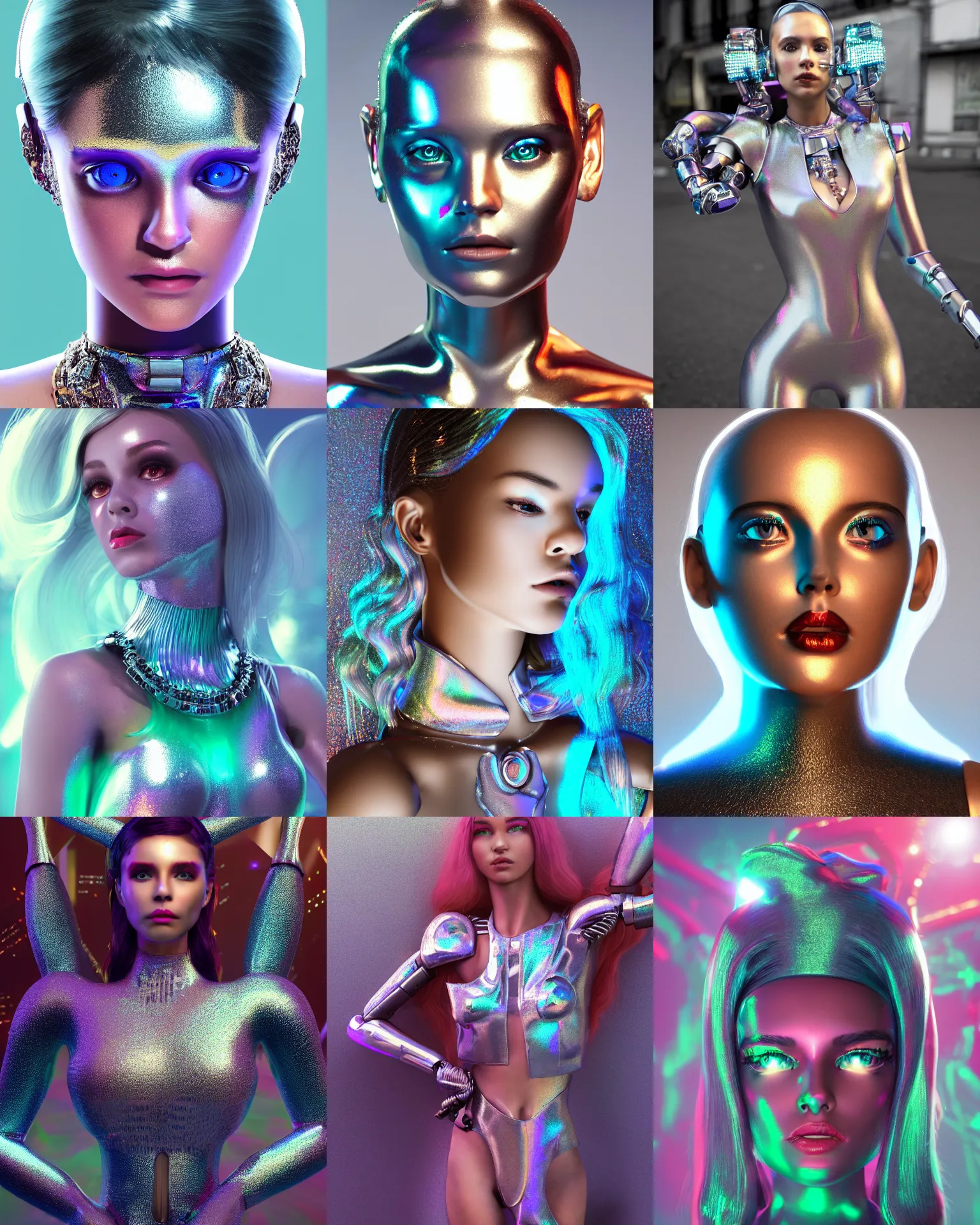Prompt: BOTS magazine cover body portrait :: of a cute gorgeous shiny pearlescent iridescent young woman cyborg on a crowded packed nyc sidewalk, high fashion photoshoot, elaborate hair worn up, intricate details, jewelry, cute outfit, :: octane render, volumetric lighting, trending on artstation, anime girl, ue5, blender render, photoreal, sci-fi, science fiction, :: rossdraws, nixri, gui guimaraes, xa on the moon artstation, shinminjeong, :: Madison beer, ::