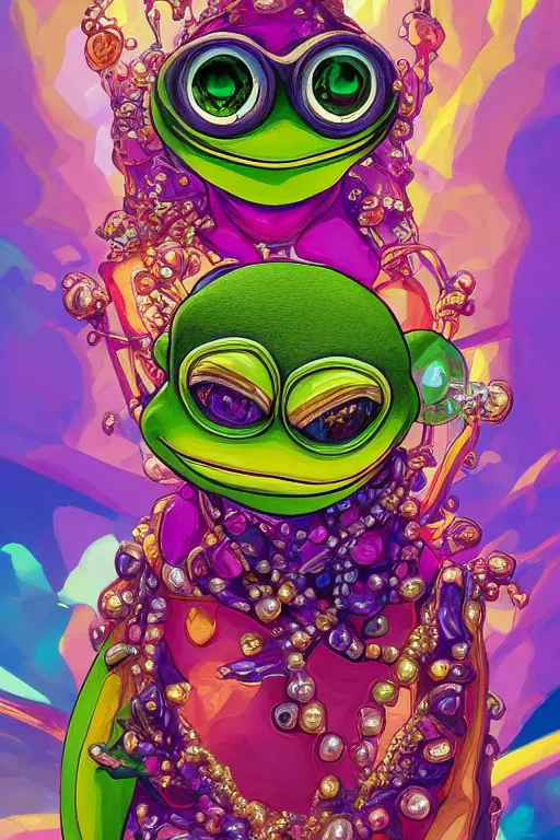 Image similar to maximalist detailed gemstone pepe the frog by adoryanti, machine. delusions, holosomnia, electrixbunny, rendered in discodiffusion. decorated with pearls and gems, behance hd by jesper ejsing, by rhads, makoto shinkai, ilya kuvshinov, rossdraws global illumination ray tracing hdr radiating a glowing aura