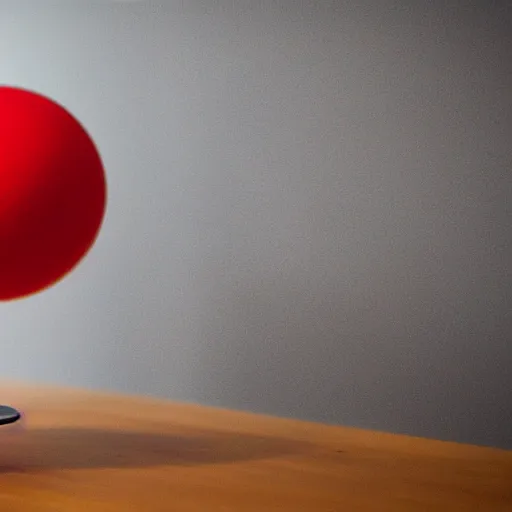 Prompt: red ball on the table inside the kitchen room.