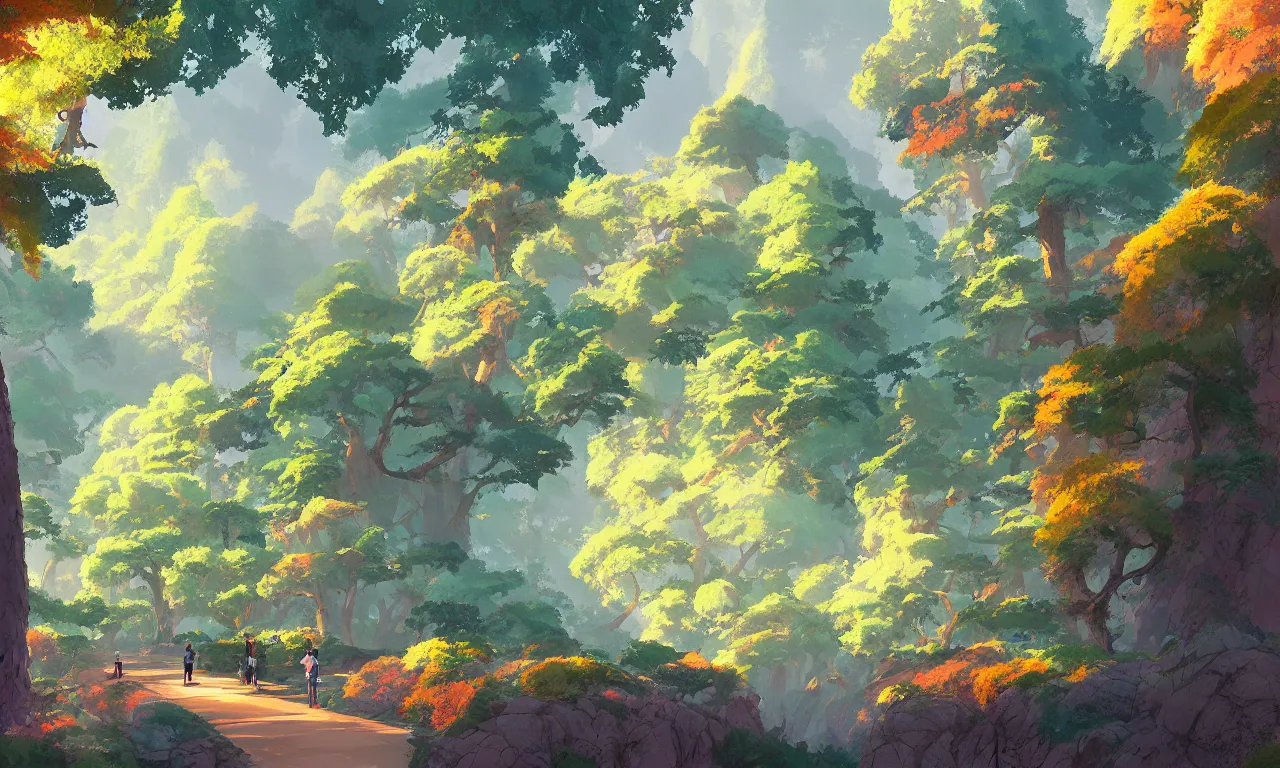 Image similar to Sequoia Park in a colorful moutain with beautiful trees ,morning , by studio ghibli painting, superior quality, masterpiece, traditional Japanese colors, by Grzegorz Rutkowski, concept art