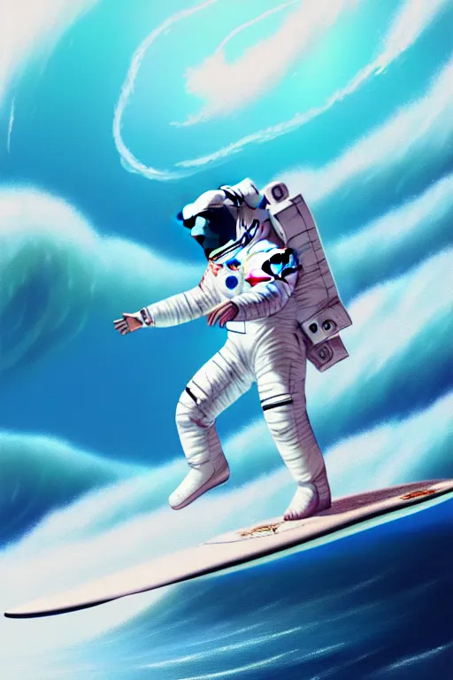 Image similar to a beautiful digital painting of an astronaut in a white space suit surfing the great wave on a surfboard by greg rutkowski, photorealistic, trending on artstation, octane render