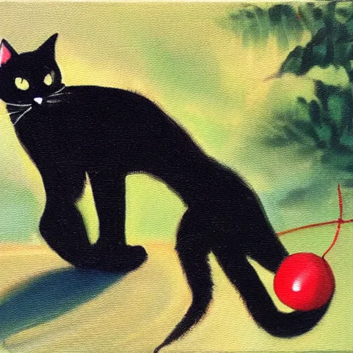 Prompt: Black cat plays with a red cat in a clearing, oil painting