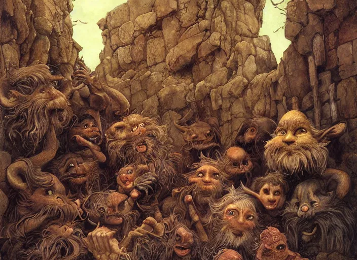 Image similar to jim henson's labyrinth. stone walls. a wrecking crew of five goblins. by edgar maxence and caravaggio and michael whelan and delacroix style, artistic, intricate painting, cinematic lighting, hyper realistic, extremely detailed, vivid colors, establishing shot, dramatic lighting