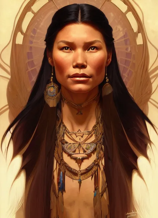 Image similar to portrait of pocahontas, intricate, elegant, highly detailed, my rendition, digital painting, artstation, concept art, smooth, sharp focus, illustration, art by artgerm and greg rutkowski and alphonse mucha and uang guangjian and gil elvgren and sachin teng, symmetry!!