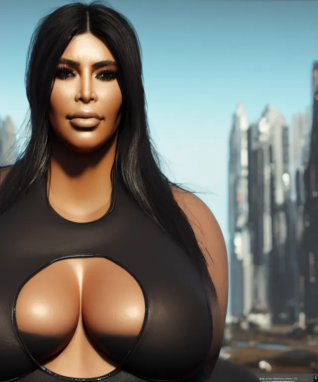 Prompt: obese kim kardashian, subsurface scattering, cyberpunk, dogpunk, unreal engine, octane render, artstation, highly detailed, 4 k post - processing, 8 k resolution, insanely detailed and intricate, hypermaximalist, shiny surfaces, smooth gradients, elegant, hd quality, no bokeh