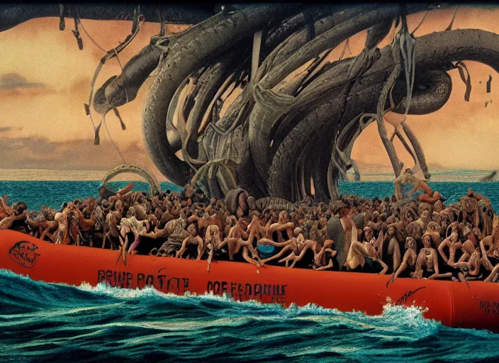 Image similar to photo of the raft of the medusa, by annie leibovitz by roger corman by richard corben by william eggleston, fujifilm velvia 5 0. masterpiece, intricate, hyper realism, high detail, octane render, unreal engine, 8 k