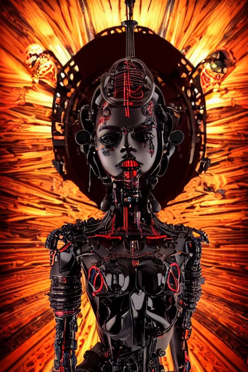 Image similar to full-body cyberpunk style sculpture of a young beautiful dark priestess, half android with a head opening exposing circuitry, glowing red eyes, black roses, flowing blood red colored silk, fabric, candles, baroque elements, human skull. full-length view. baroque element. intricate artwork by Caravaggio. crows flying in background. Trending on artstation, octane render, cinematic lighting from the right, hyper realism, octane render, 8k, depth of field, 3D