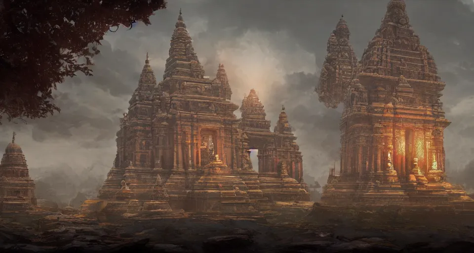 Prompt: a beautiful ancient hindu god temple surrounding the ancient airships of god, atmospheric, highly detailed, digital painting, artstation, concept art, smooth, sharp, cinematic lighting, octane render