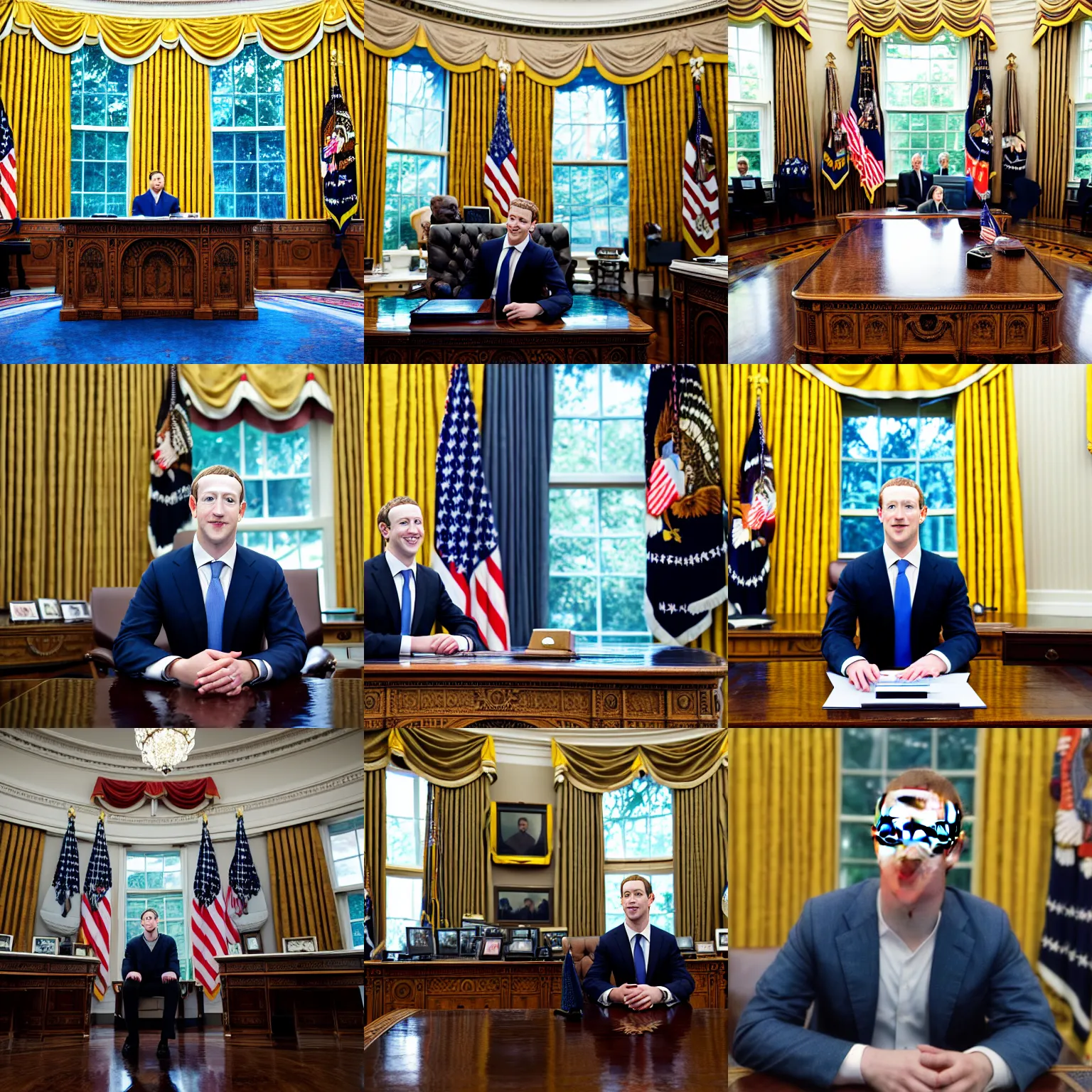 Prompt: headshot of Mark Zuckerberg the president of the united states sitting in the oval office, EOS-1D, f/1.4, ISO 200, 1/160s, 8K, RAW, unedited, symmetrical balance, in-frame, Photoshop, Nvidia, Topaz AI