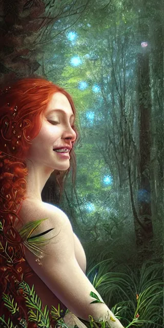 Image similar to fit woman, serene smile surrounded by golden firefly lights, amidst nature fully covered by a intricate detailed dress, long red hair, precise linework, accurate green eyes, small nose with freckles, smooth oval shape face, empathic, expressive emotions, spiritual scene, hyper realistic ultrafine art by artemisia gentileschi, jessica rossier, boris vallejo